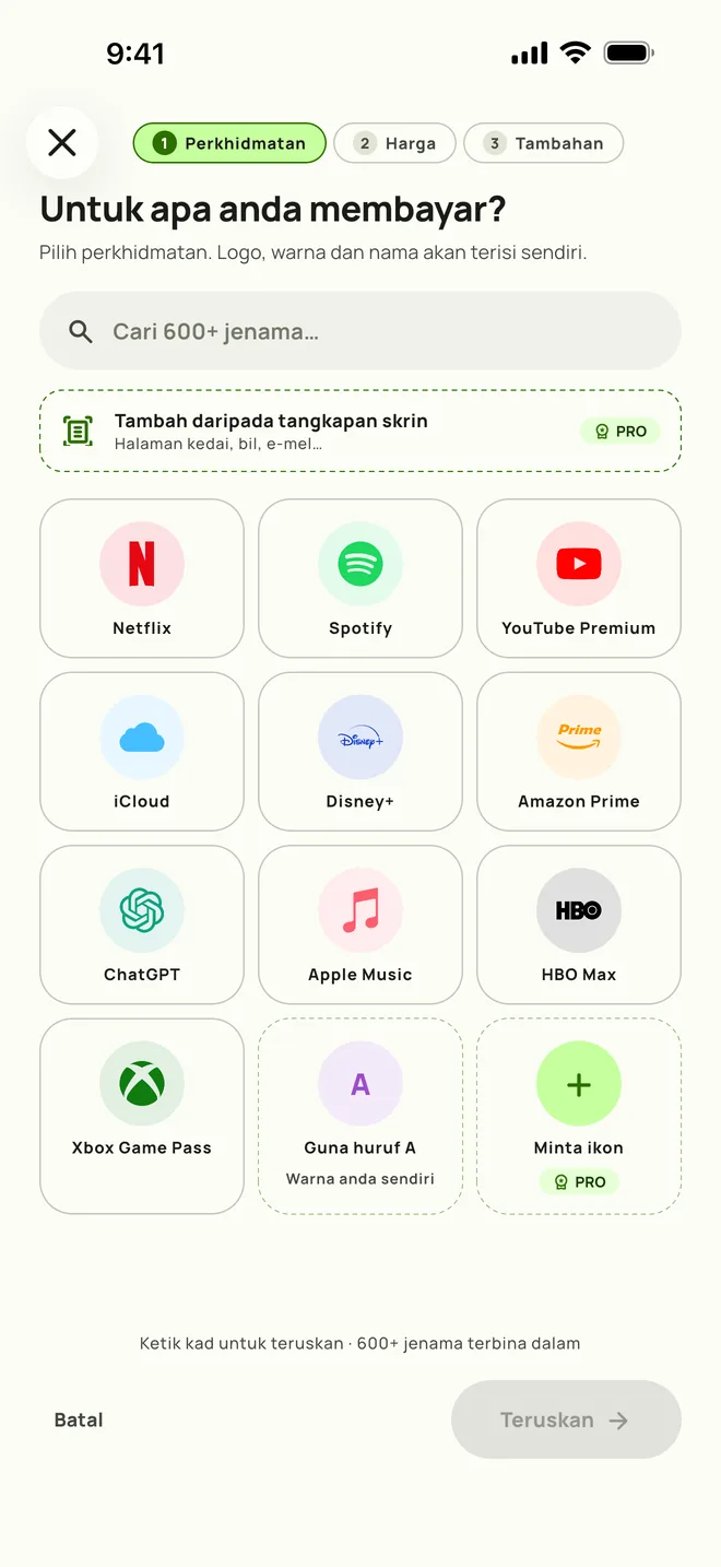 Menambah langganan dalam Subby. Langkah pertama: pilih perkhidmatan, pada iPhone
