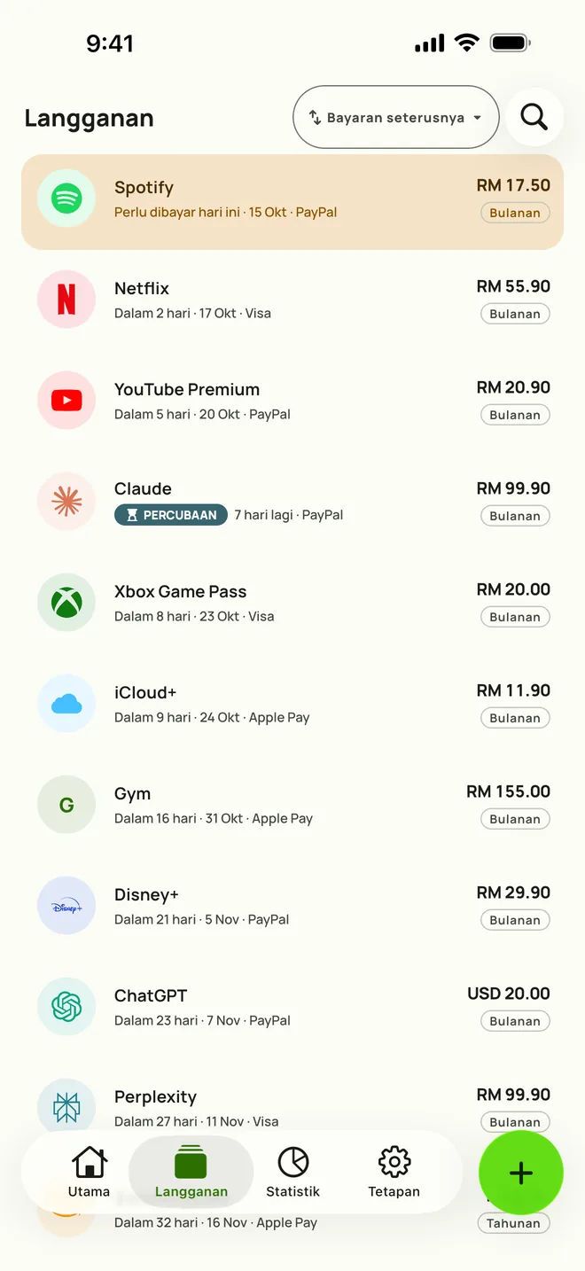 Tab Langganan Subby pada iPhone, disusun mengikut bayaran seterusnya: Spotify perlu dibayar hari ini, kemudian Netflix, YouTube Premium dan satu percubaan percuma, masing-masing dengan harga dan kitaran