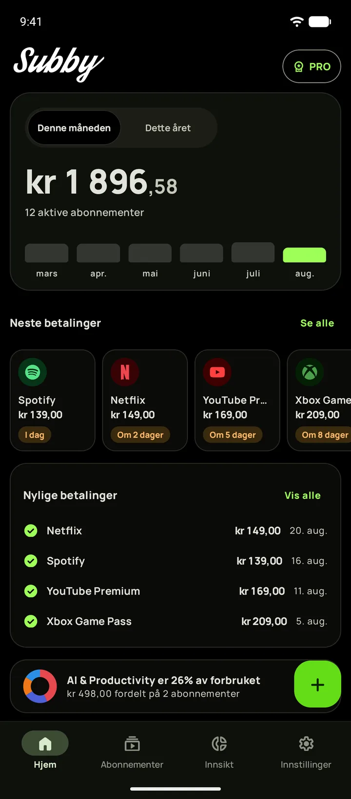 Subby Hjem på Android i ekte svart mørk modus, med månedens total på $165,35, et kort for en prøveperiode og neste betalinger