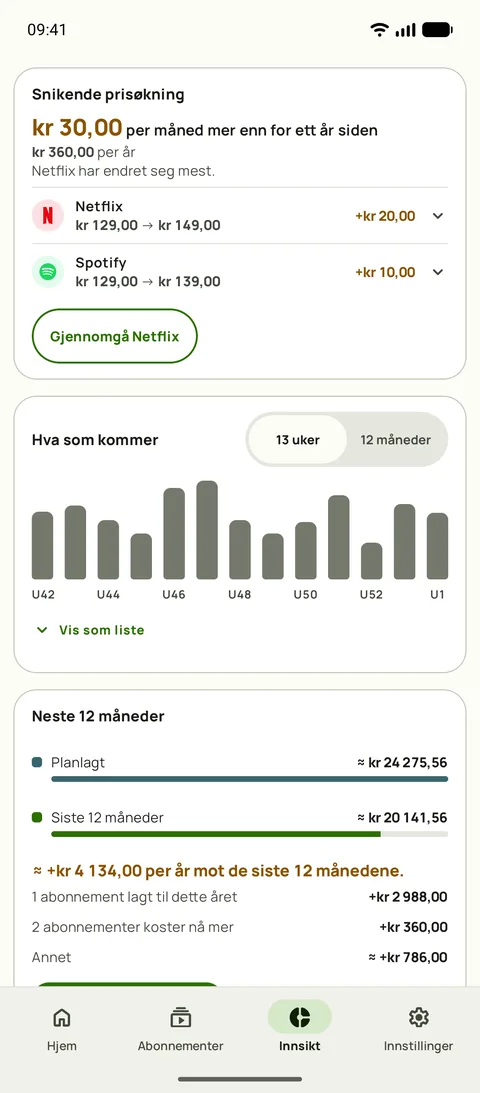 Kortet Prisøkninger i Innsikt i Subby, med hvor mye mer de samme tjenestene koster hver måned enn for ett år siden, Spotify og Netflix med gammel og ny pris, og en Gjennomgå-knapp over prognosen for 13 uker, på Android