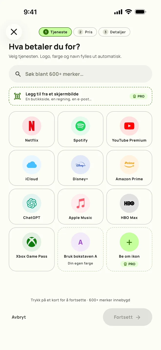 Legge til et abonnement i Subby. Trinn én, velg tjenesten, på iPhone