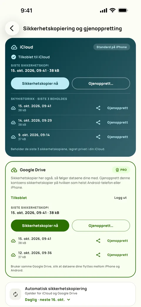 Sikkerhetskopiering og gjenoppretting i Subby på iPhone, med iCloud og Google Drive begge koblet til, de tre siste iCloud-sikkerhetskopiene listet og automatisk sikkerhetskopi satt til daglig