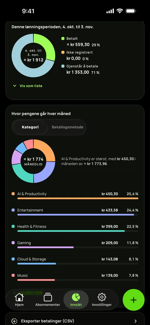 Utgifter etter kategori i mørk modus, og CSV-eksporten, på iPhone