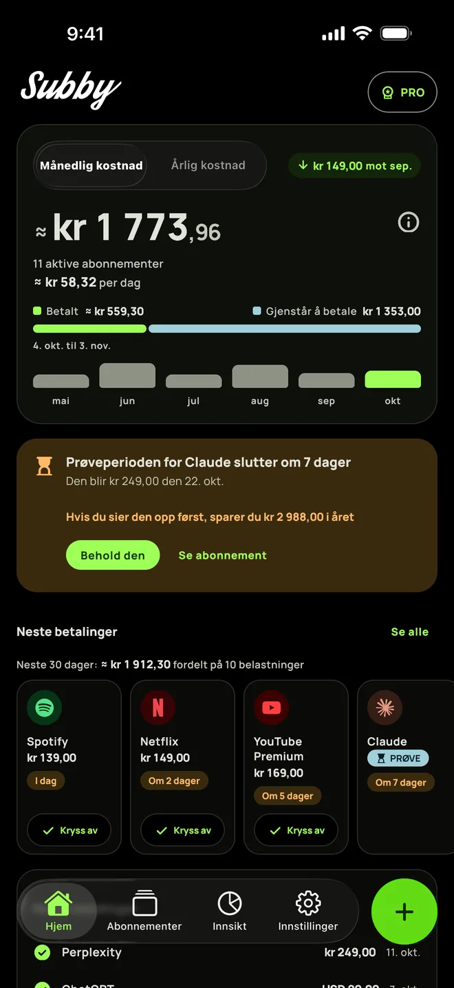 Subby Hjem i ekte svart mørk modus, med månedskostnaden, et kort for en prøveperiode som slutter om sju dager og neste betalinger, på iPhone