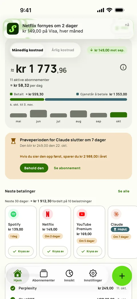 En påminnelse fra Subby på iPhone som sier at Netflix fornyes om 2 dager, $15,49 på Visa, hver måned