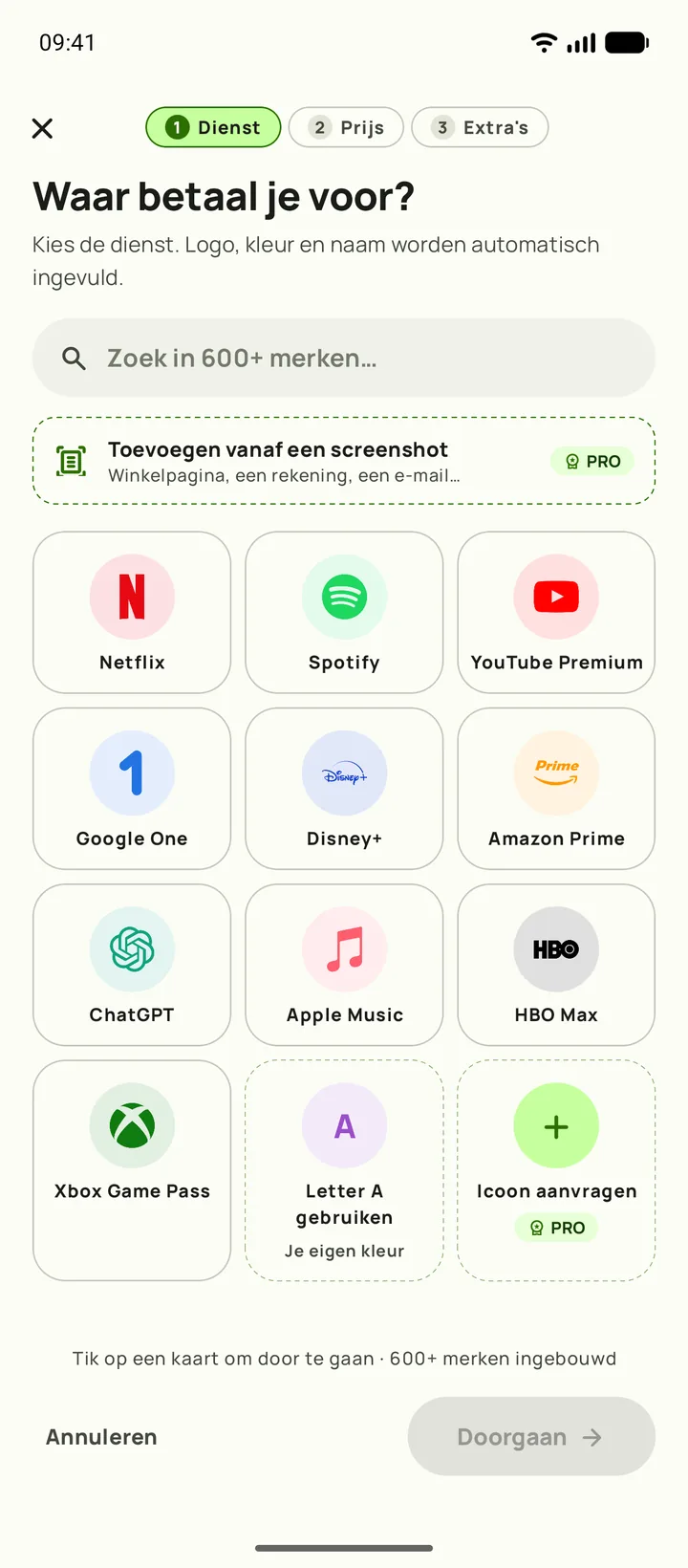 Een abonnement toevoegen in Subby. Stap één, de dienst kiezen, op Android