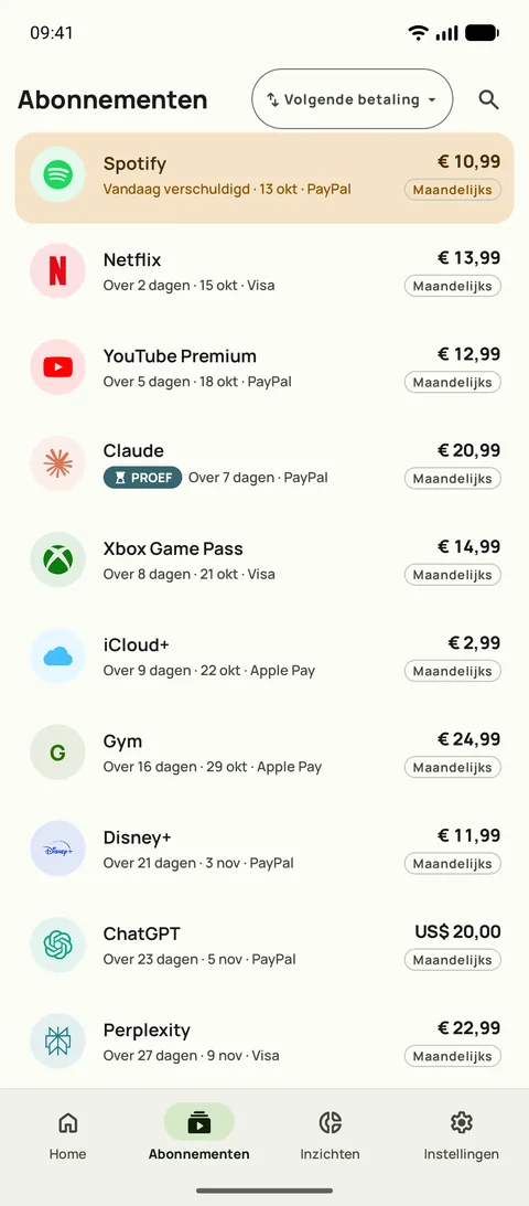 Het tabblad Abonnementen van Subby op Android, gesorteerd op volgende betaling: Spotify is vandaag aan de beurt, daarna Netflix, YouTube Premium en een gratis proefperiode, elk met prijs en cyclus