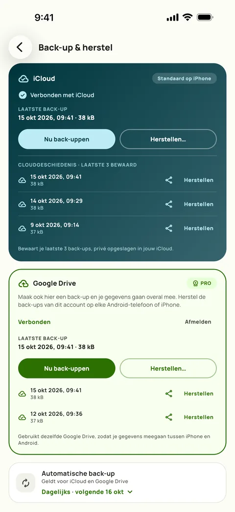 Back-up en herstellen in Subby op iPhone, met iCloud en Google Drive allebei gekoppeld, de laatste drie iCloud-back-ups in de lijst en automatische back-up op dagelijks