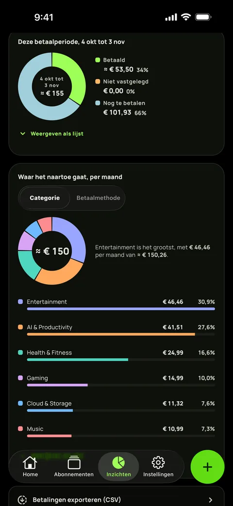 Uitgaven naar categorie in donkere modus, en de CSV-export, op iPhone
