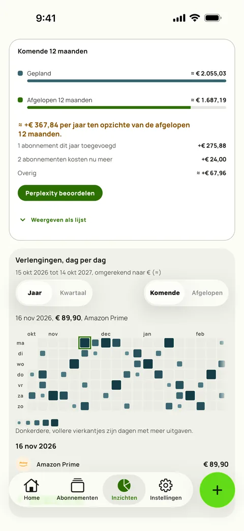 Komende 12 maanden in Inzichten in Subby: het geplande jaar naast de afgelopen 12 maanden, met de nieuwe abonnementen en prijsstijgingen die het verschil verklaren, boven de verlengingenkalender, op iPhone