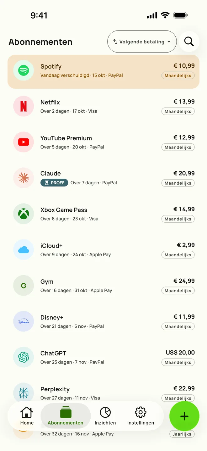 Het tabblad Abonnementen van Subby op iPhone, gesorteerd op volgende betaling: Spotify is vandaag aan de beurt, daarna Netflix, YouTube Premium en een gratis proefperiode, elk met prijs en cyclus
