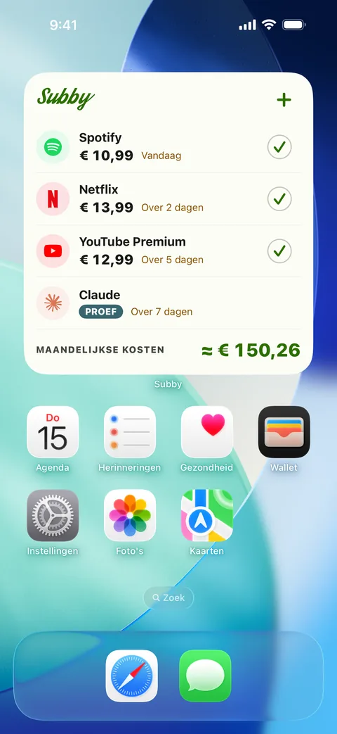 De grote Subby-widget op het startscherm van een iPhone, met de volgende betalingen, een gratis proefperiode met het label PROEF en het maandtotaal