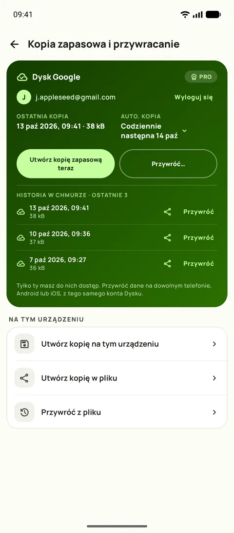 Kopia zapasowa i przywracanie w Subby na Androidzie: połączony Dysk Google, automatyczna kopia ustawiona na codziennie i zachowane trzy ostatnie kopie