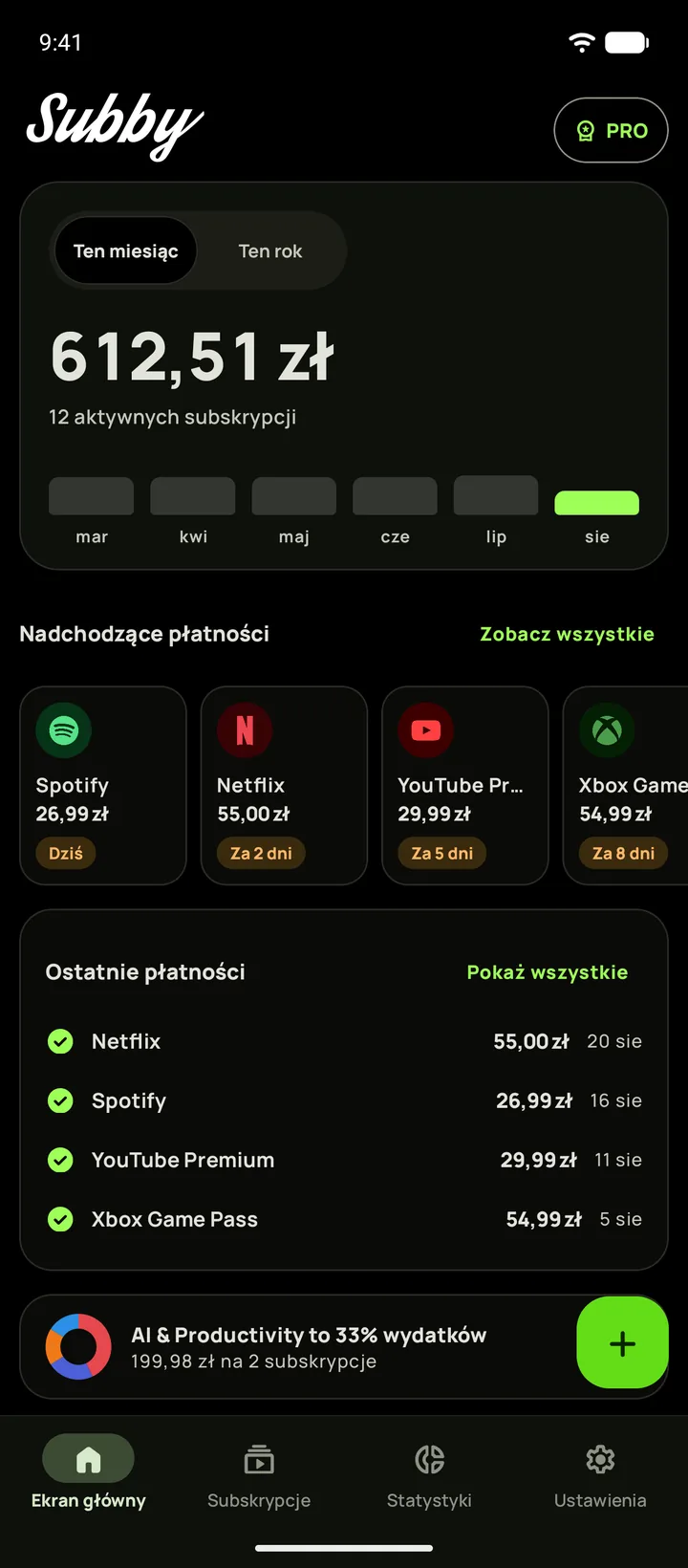 Ekran główny Subby na Androidzie w czarnym motywie: suma za bieżący miesiąc, karta okresu próbnego i nadchodzące płatności