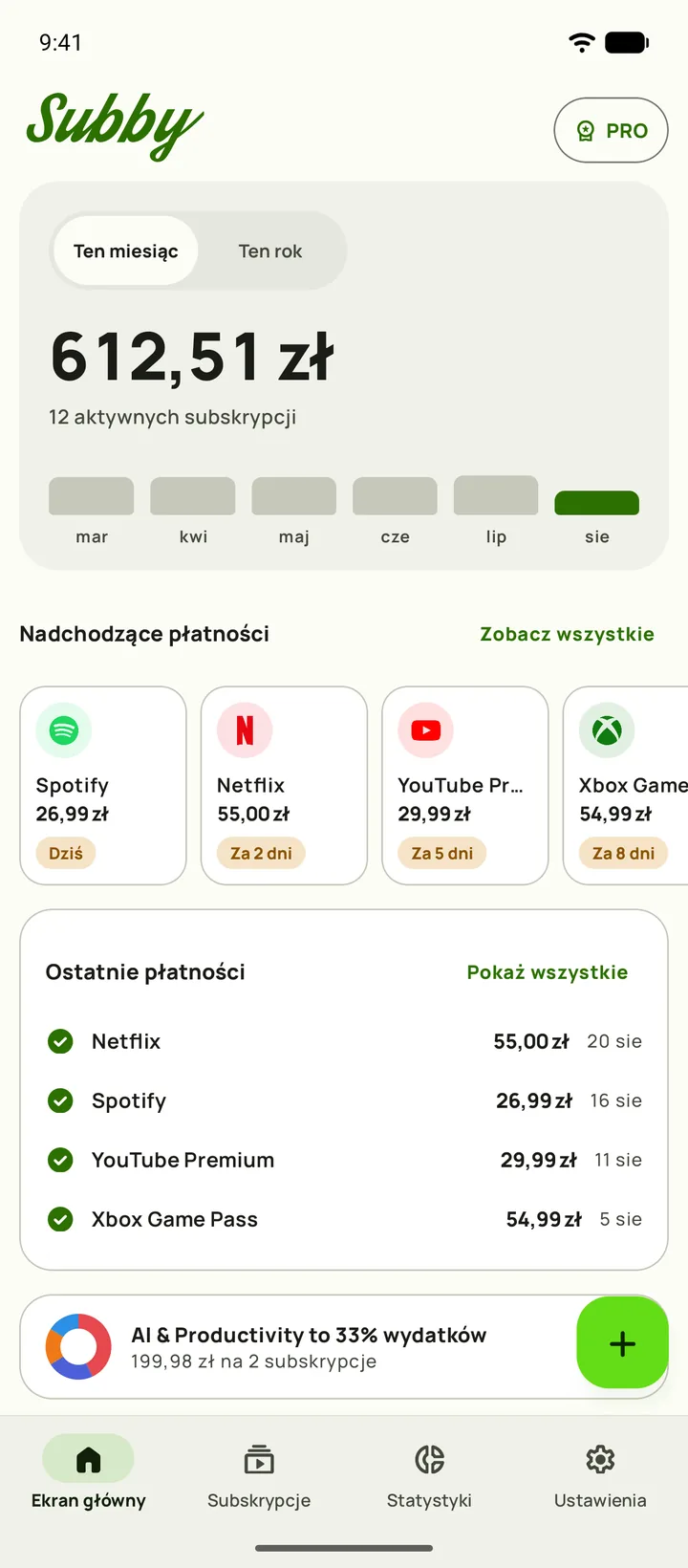 Ekran główny Subby na Androidzie: suma za bieżący miesiąc, koszt na dzień, kwoty opłacone i do zapłaty, karta okresu próbnego i nadchodzące płatności