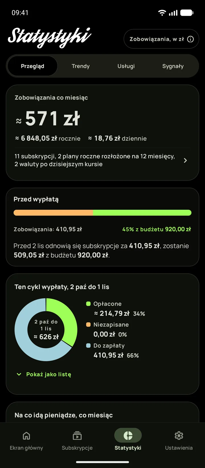 Statystyki na Androidzie w czarnym motywie, otwarte na Przeglądzie: zobowiązania na miesiąc i budżet, który zostaje przed dniem wypłaty