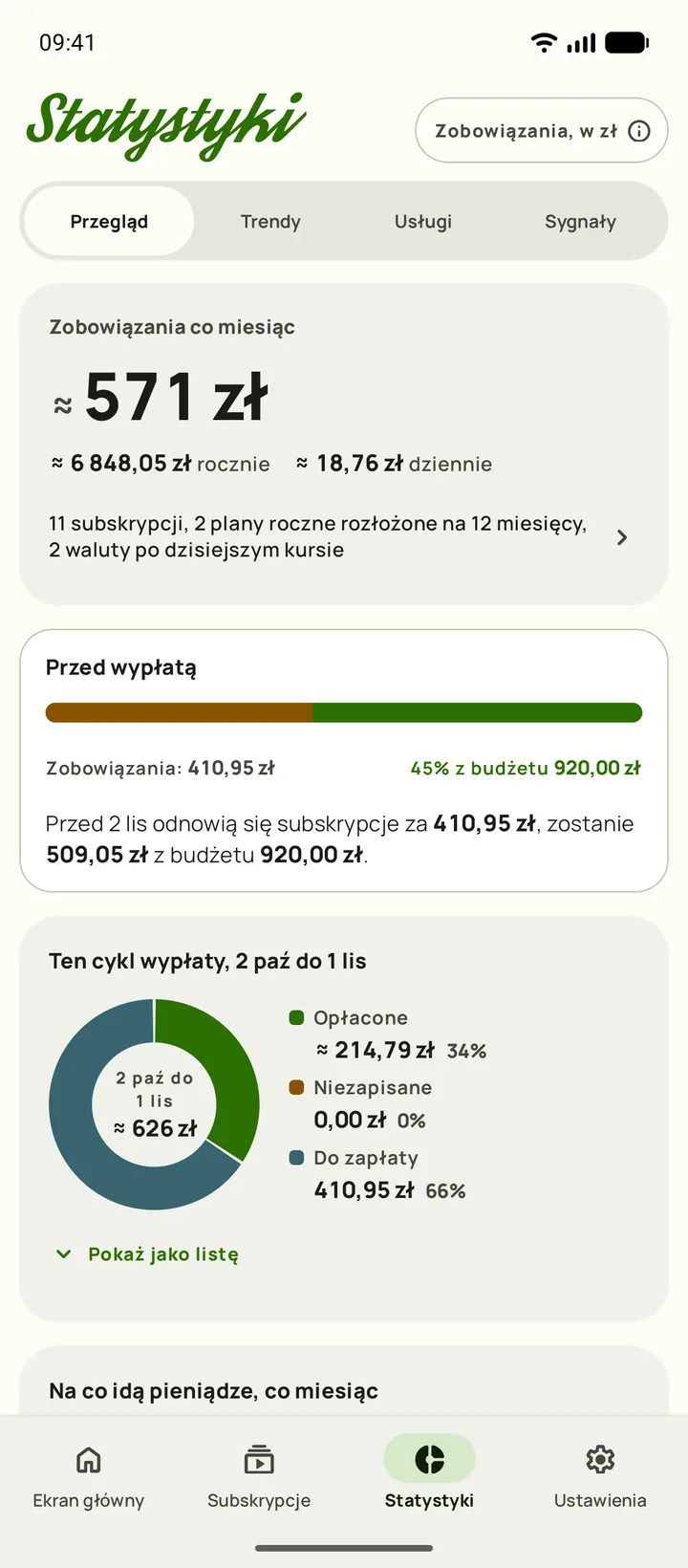 Statystyki na Androidzie, otwarte na Przeglądzie: zobowiązania na miesiąc, kwota roczna i ile budżetu zostaje przed dniem wypłaty