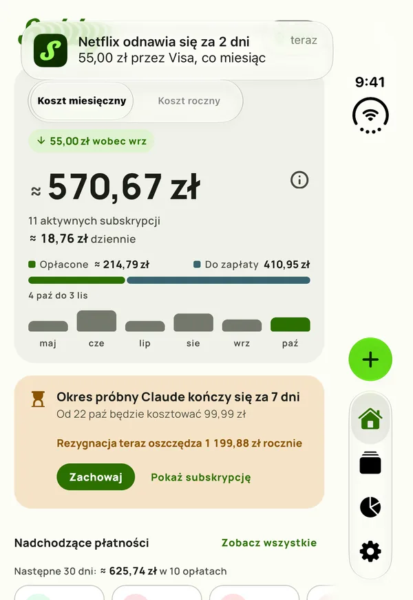 Przypomnienie Subby na zewnętrznym panelu złożonego iPhone'a Duo: Netflix odnawia się za 2 dni, płatność kartą Visa, co miesiąc