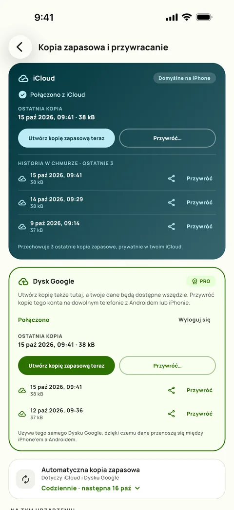 Kopia zapasowa i przywracanie, z harmonogramem i ostatnimi trzema kopiami (iPhone)