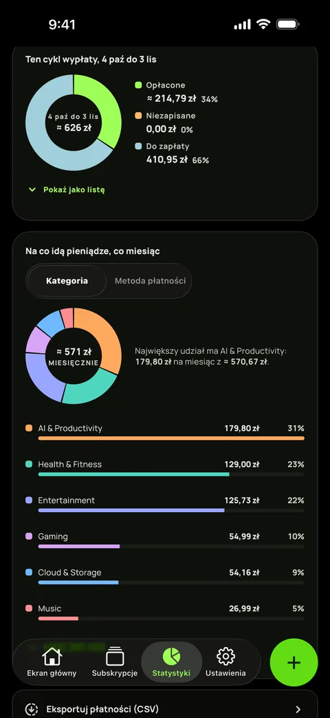 Wydatki według kategorii w ciemnym motywie i eksport do CSV (iPhone)