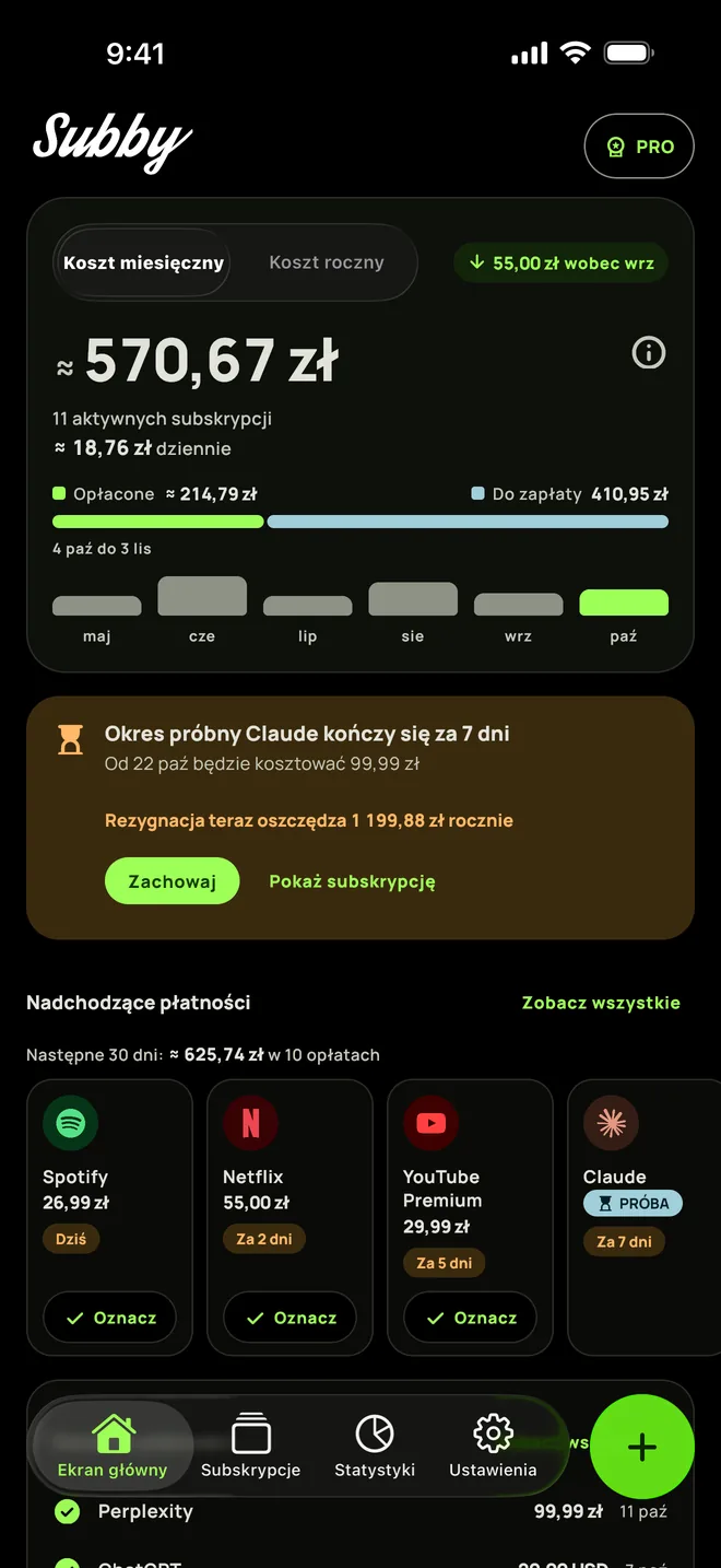Ekran główny Subby w czarnym motywie z kosztem miesięcznym, kartą okresu próbnego, który kończy się za siedem dni, i nadchodzącymi płatnościami (iPhone)