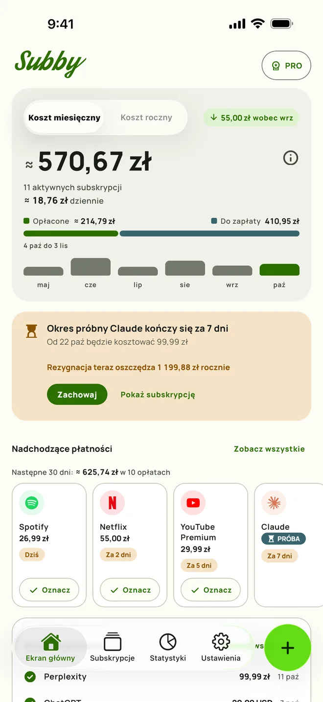 Ekran główny Subby na iPhonie