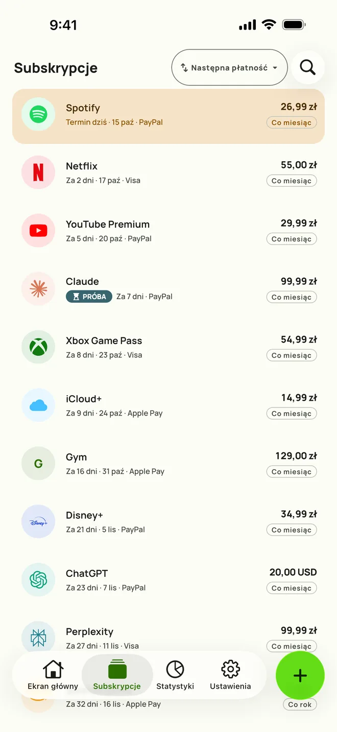 Zakładka Subskrypcje w Subby na iPhonie, posortowana według następnej płatności: Spotify dziś, potem Netflix, YouTube Premium i okres próbny, każdy z ceną i cyklem