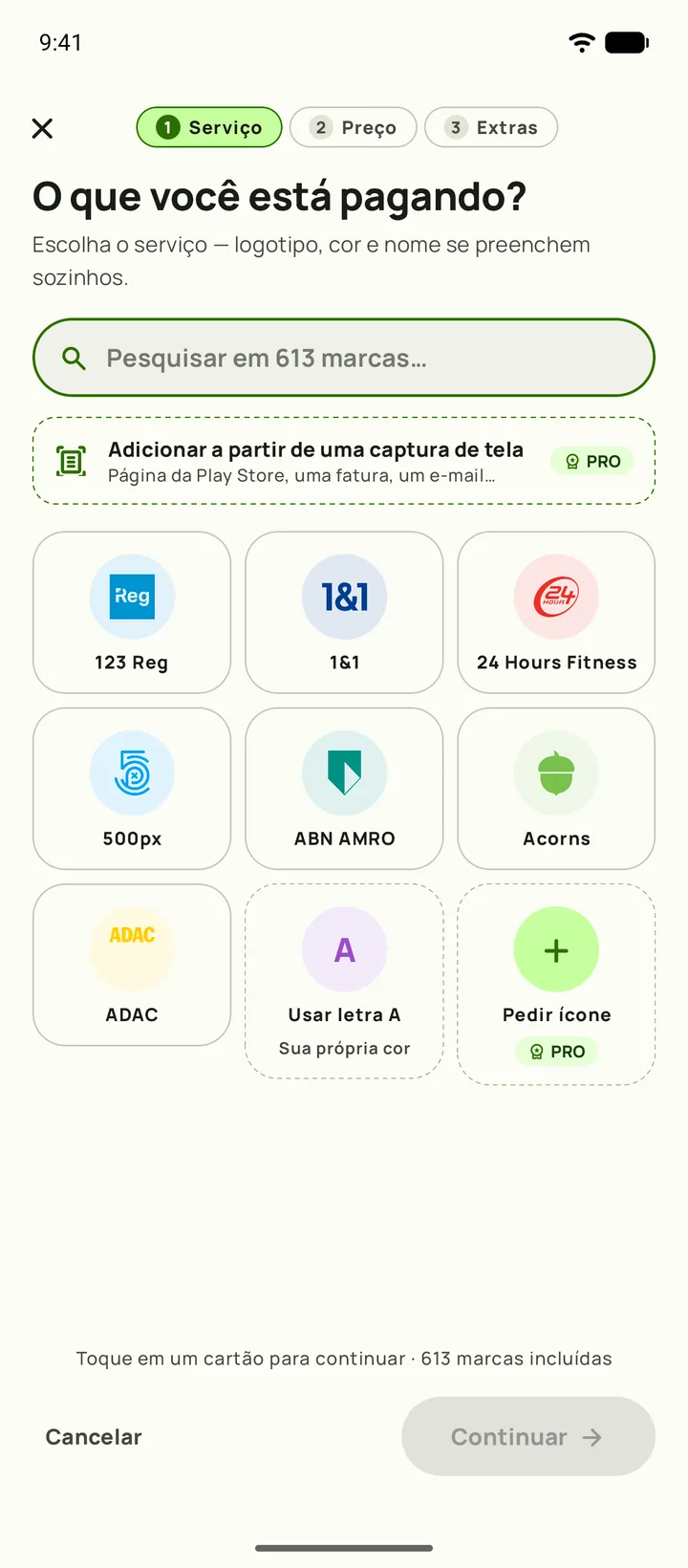 Adicionando uma assinatura no Subby. Primeiro passo, escolher o serviço, em Android