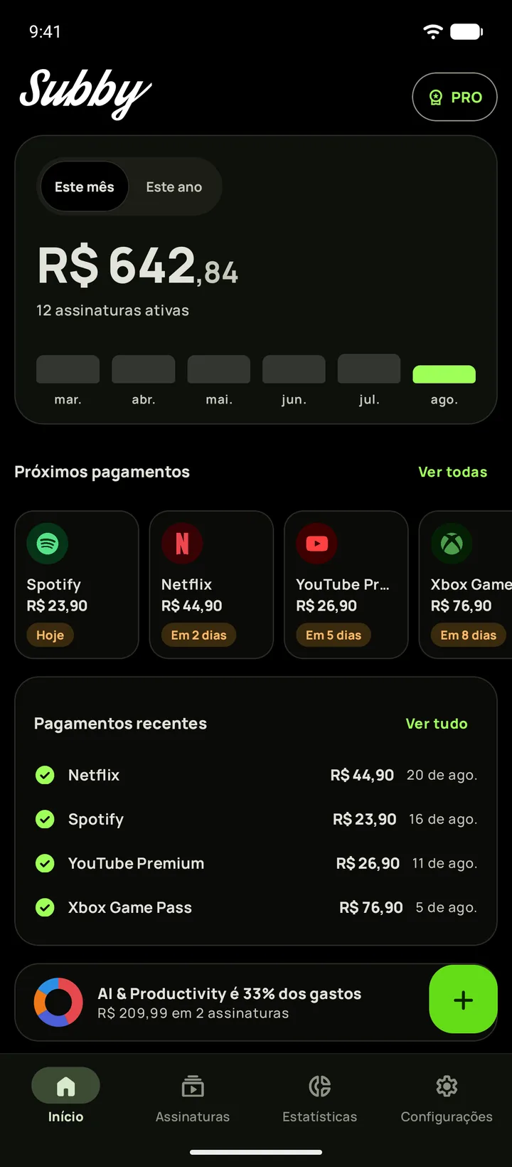 Início do Subby no Android com tema preto absoluto, com o total do mês de $165,35, um cartão de teste e os próximos pagamentos