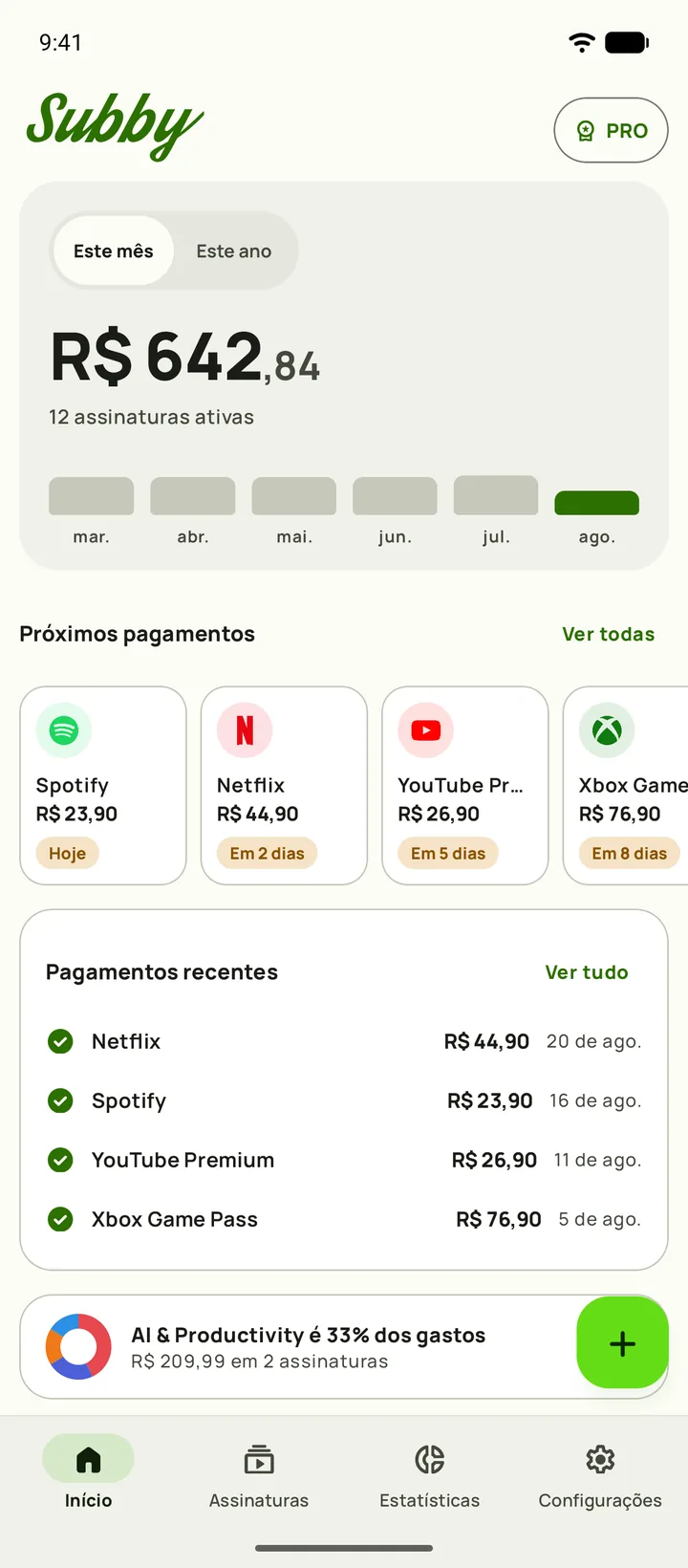Início do Subby no Android, com o total do mês de $165,35, $5,44 por dia, o que foi pago e o que falta pagar, um cartão de teste e os próximos pagamentos