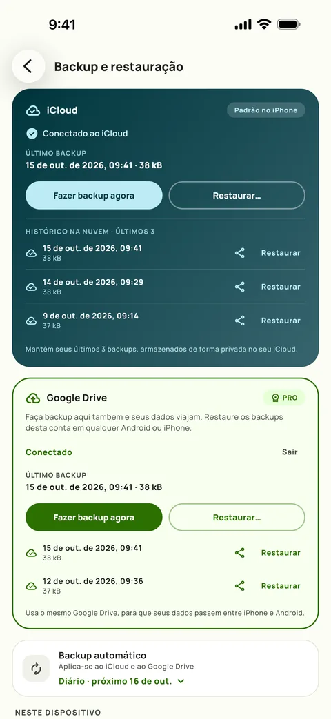 Tela de Backup e restauração do Subby, com o backup automático diário e os três últimos backups listados, em iPhone