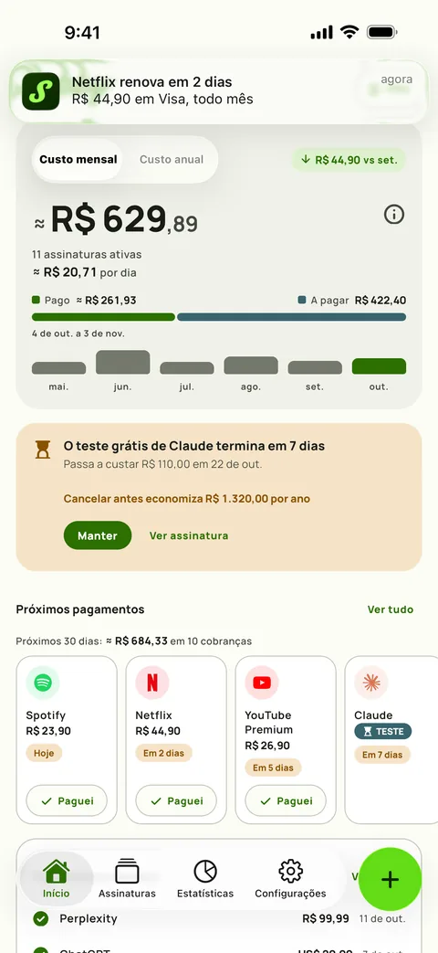 Um lembrete do Subby que mostra o serviço, o valor, o cartão e o ciclo, com Marcar como paga na notificação, em iPhone