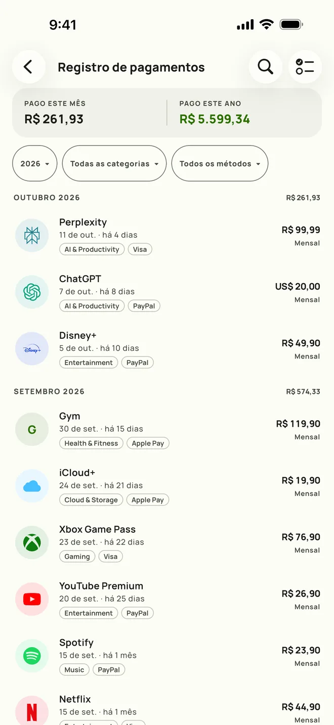 Registro de pagamentos do Subby, histórico completo com totais mensais, no iPhone