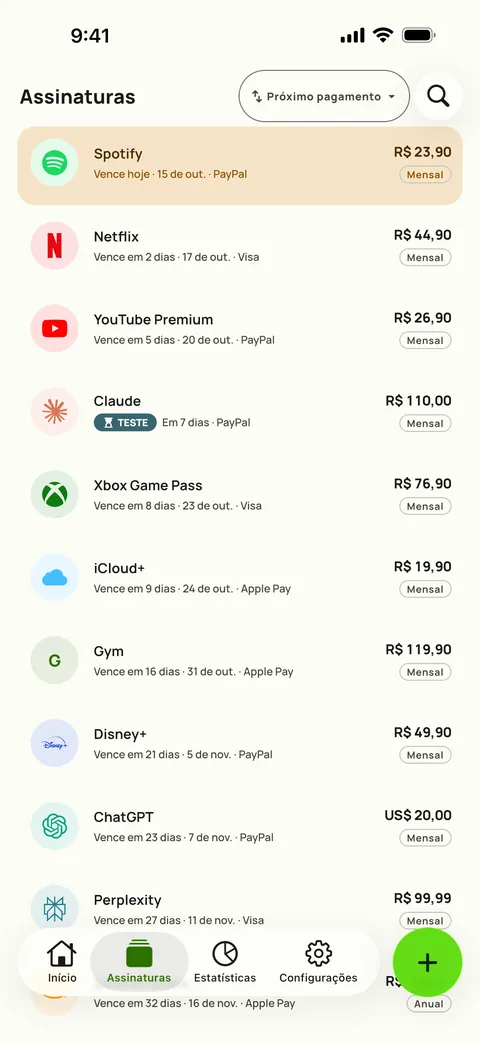 Assinaturas ordenadas por próximo pagamento, com preço, ciclo e cartão, em iPhone