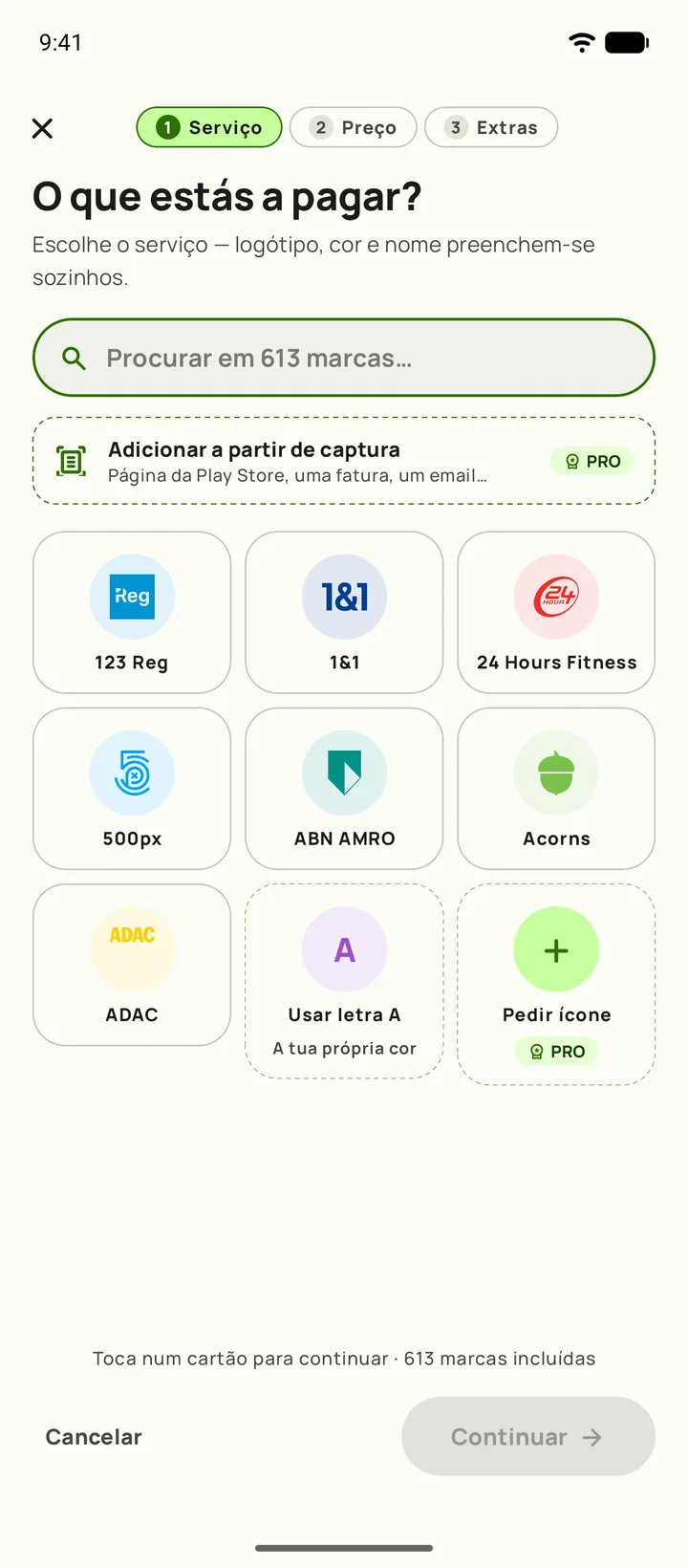 A adicionar uma subscrição no Subby — primeiro passo, escolher o serviço