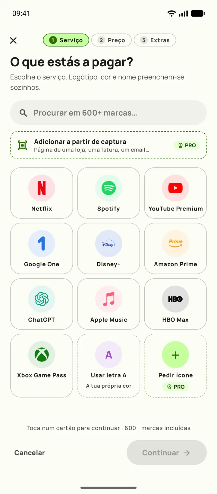 A adicionar uma subscrição no Subby. Primeiro passo: escolher o serviço, em Android