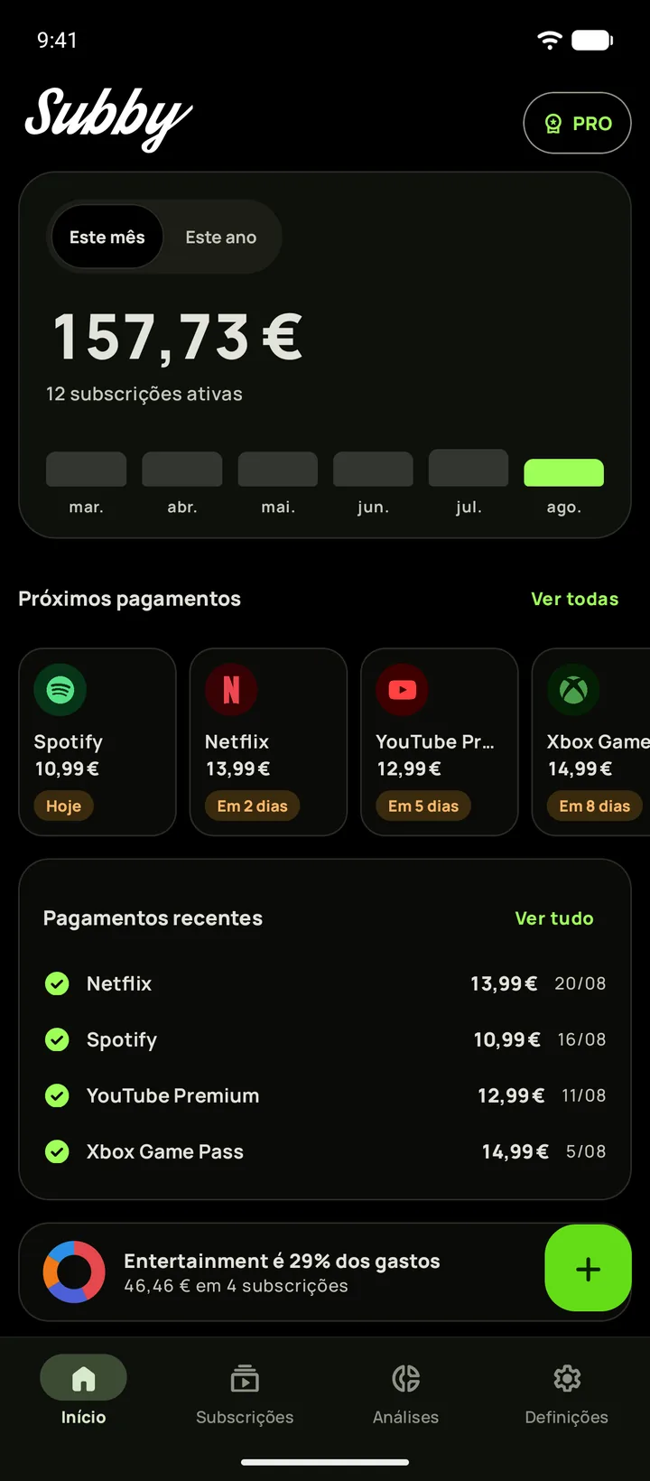 Ecrã principal do Subby no modo escuro em preto absoluto
