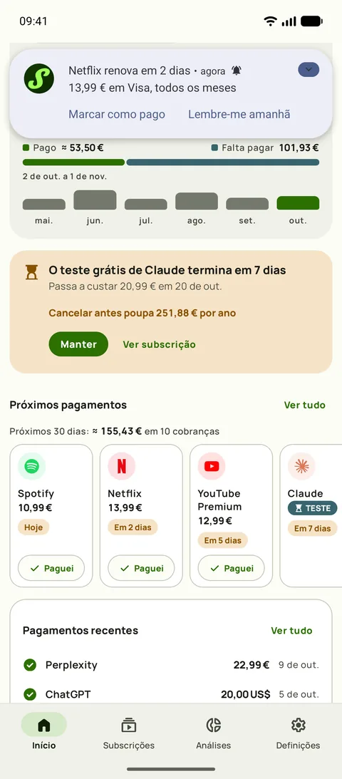 Um lembrete do Subby no Android a dizer que a Netflix renova daqui a 2 dias, {monthly} no Visa, todos os meses, com as ações Marcar como pago e Lembrar amanhã