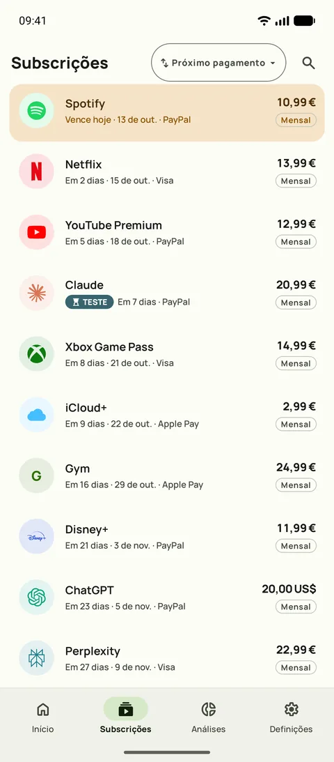 O separador Subscrições do Subby no Android, ordenado pelo próximo pagamento: a Spotify vence hoje, depois a Netflix, o YouTube Premium e um teste grátis, cada um com o seu preço e ciclo