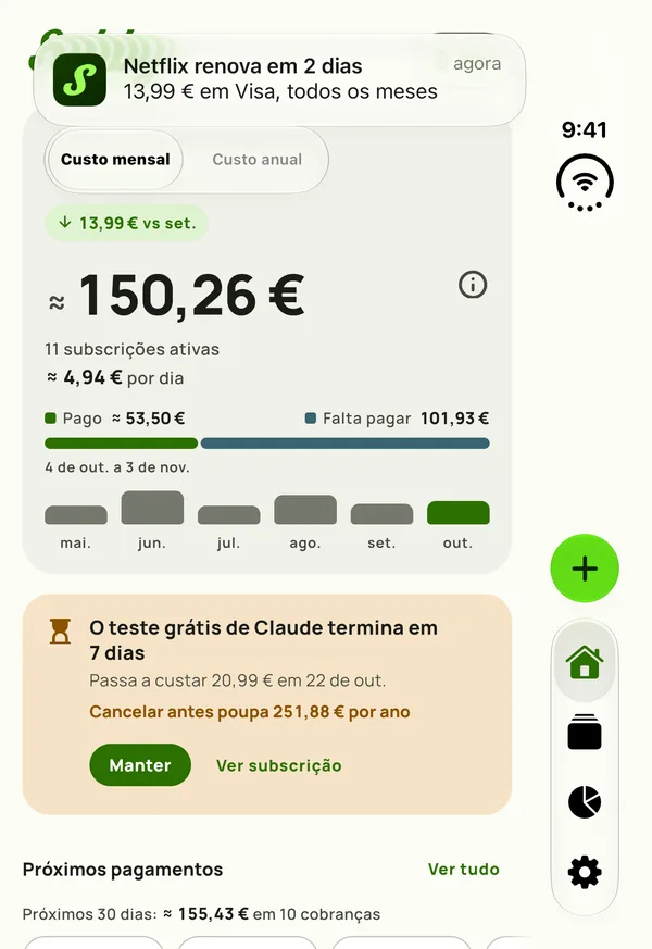 Um lembrete do Subby no painel exterior de um iPhone Duo fechado a dizer que a Netflix renova daqui a 2 dias, {monthly} no Visa, todos os meses
