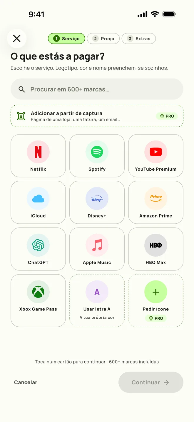 A adicionar uma subscrição no Subby. Primeiro passo: escolher o serviço, em iPhone