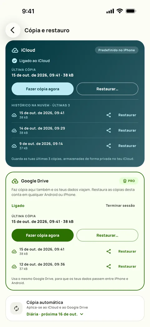 Cópia de segurança e restauro do Subby no iPhone, com o iCloud e o Google Drive ligados, as três últimas cópias do iCloud listadas e a cópia automática diária