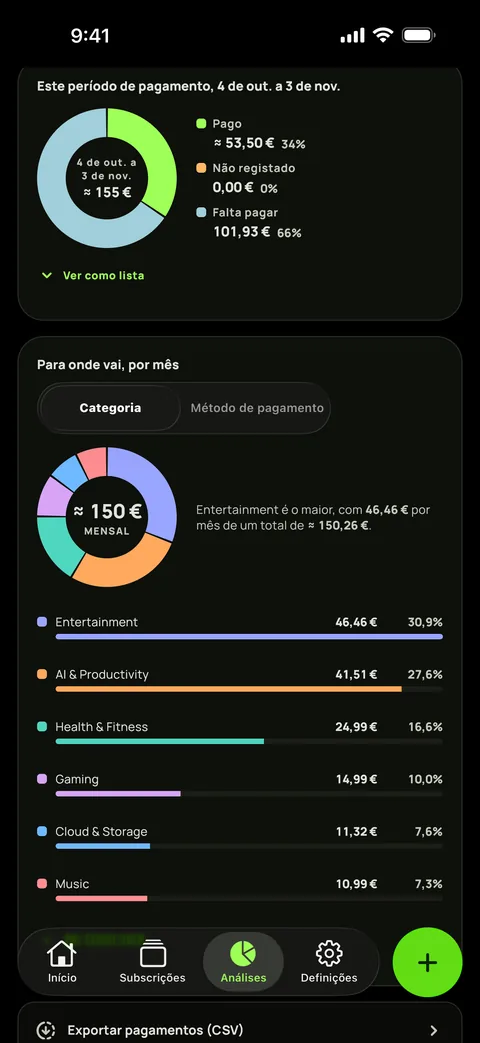 Gastos por categoria no modo escuro, e a exportação CSV, em iPhone