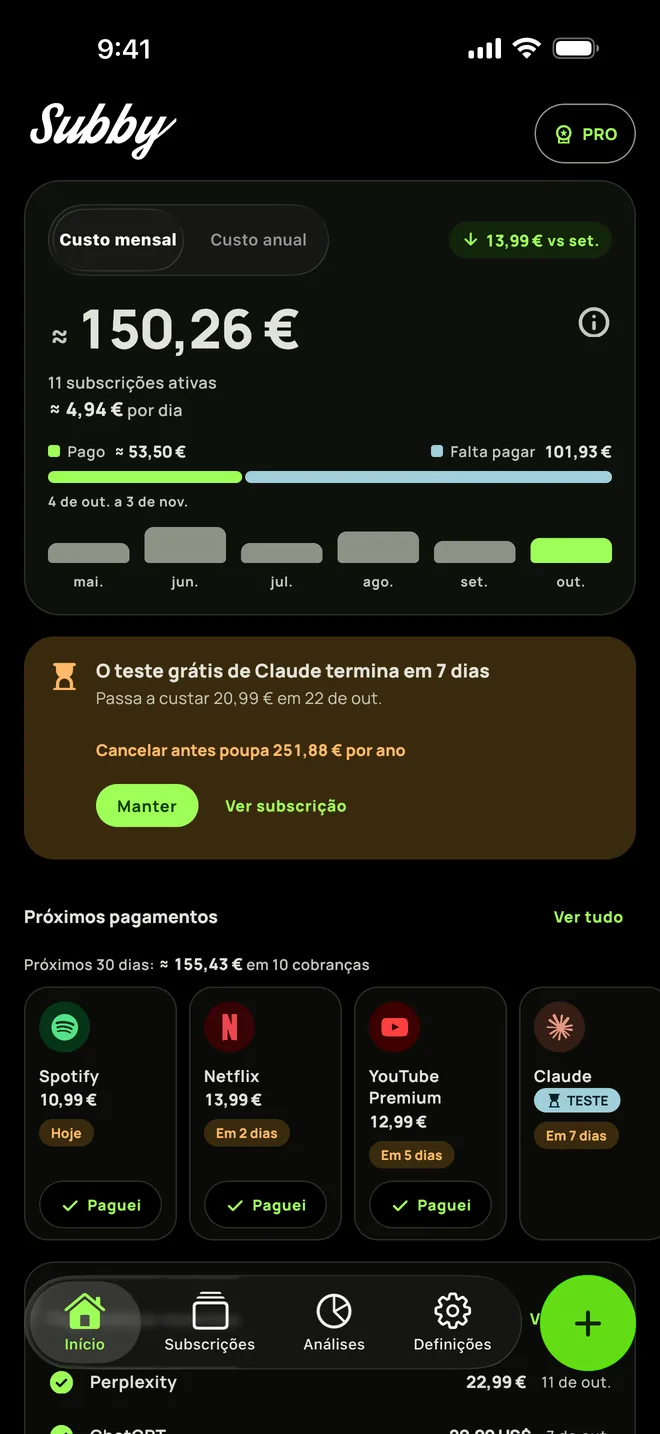 O Início do Subby com o tema de preto absoluto, com o custo mensal, um cartão de um teste grátis que termina daqui a sete dias e os próximos pagamentos, em iPhone