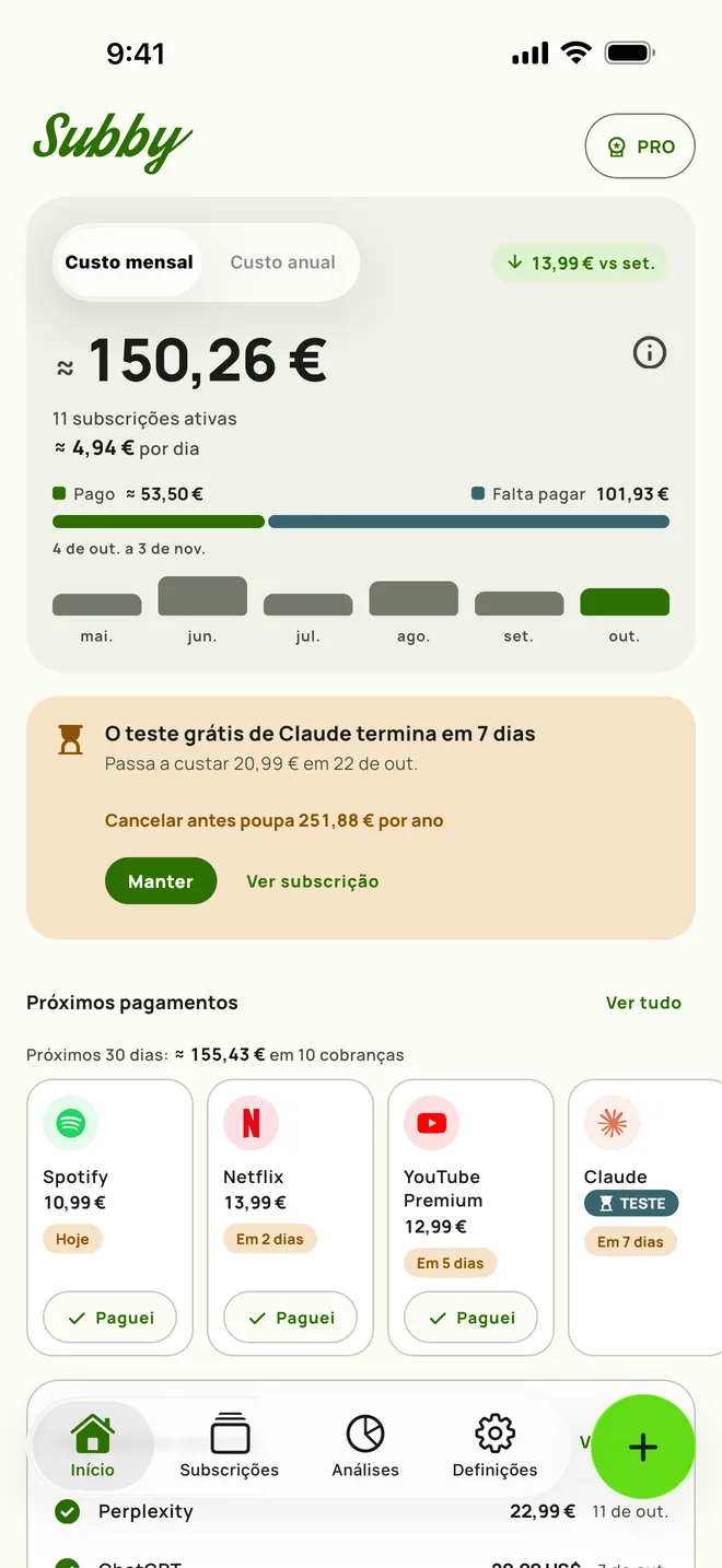 Início do Subby no iPhone