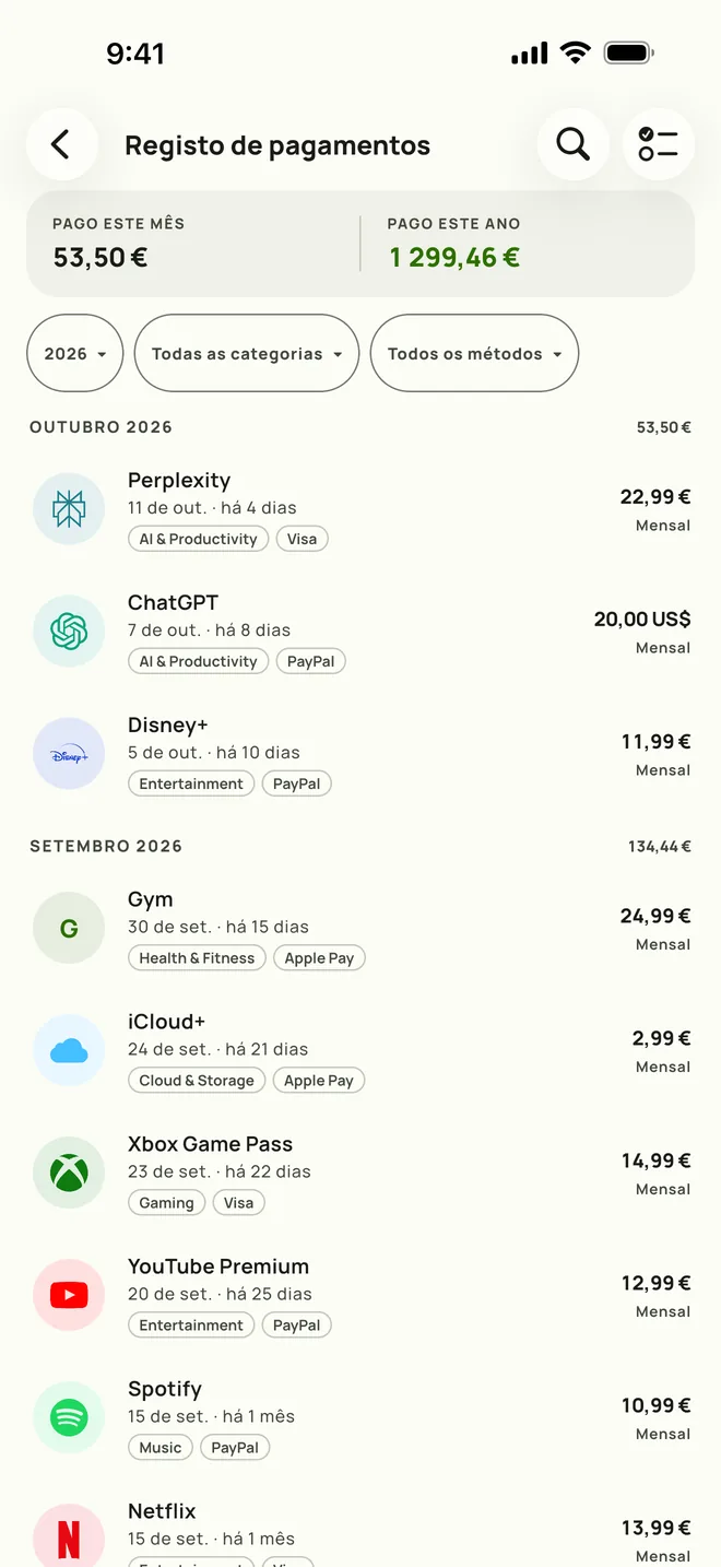 Registo de pagamentos do Subby, com o histórico completo e totais mensais, num iPhone