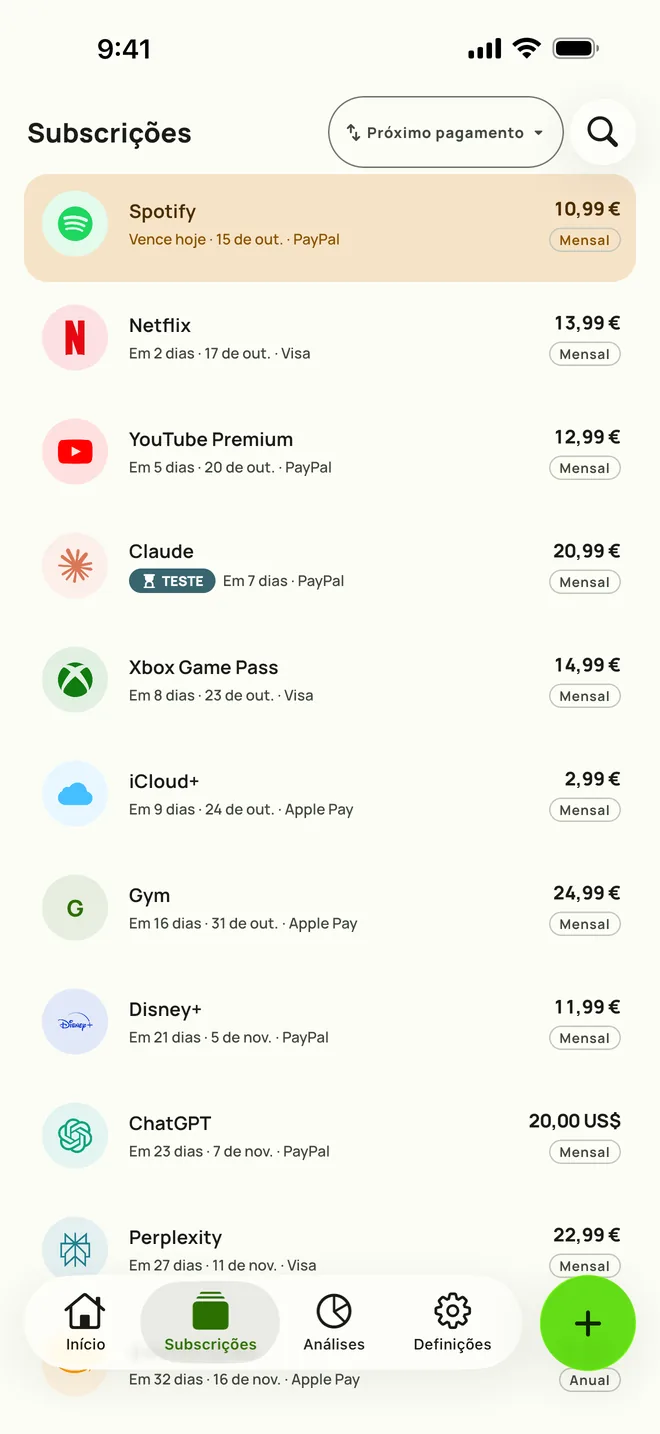 O separador Subscrições do Subby no iPhone, ordenado pelo próximo pagamento: a Spotify vence hoje, depois a Netflix, o YouTube Premium e um teste grátis, cada um com o seu preço e ciclo