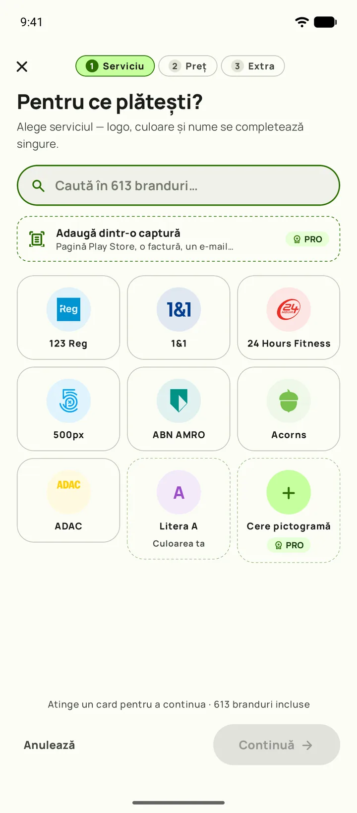 Adăugarea unui abonament în Subby — pasul unu, alegi serviciul