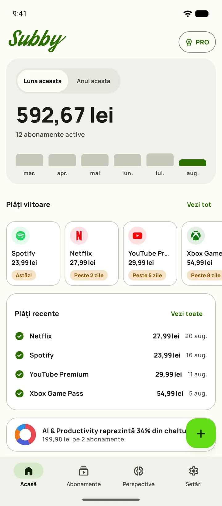 Ecranul Acasă din Subby pe Android, cu totalul lunii, costul pe zi, ce ai plătit față de ce mai ai de plătit, cardul unei probe și plățile următoare