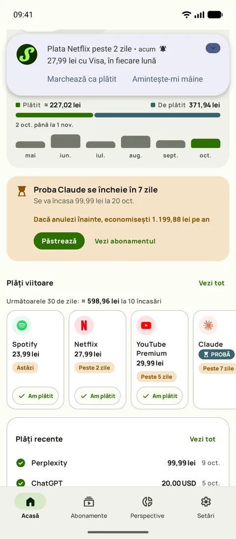 Un memento Subby pe Android: Netflix se reînnoiește în 2 zile, plata pe Visa, lunar, cu butoanele Marchează ca plătit și Amintește-mi mâine